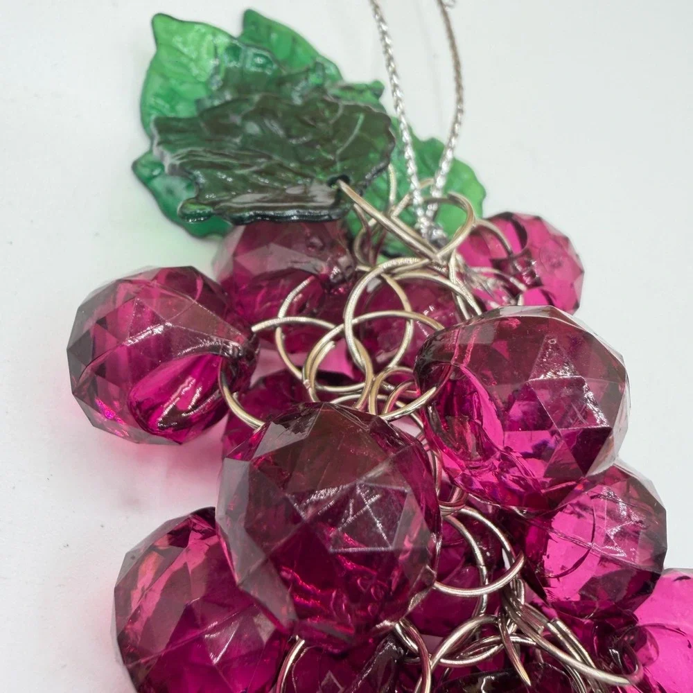 Grape Cluster Ornament Faceted Acrylic Beads Green Leaves Hanging Decor
